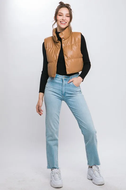 Faux Leather Cropped Puffer Vest with Snap Button