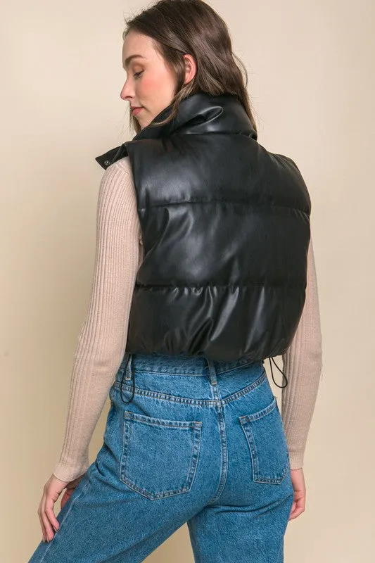 Faux Leather Cropped Puffer Vest with Snap Button