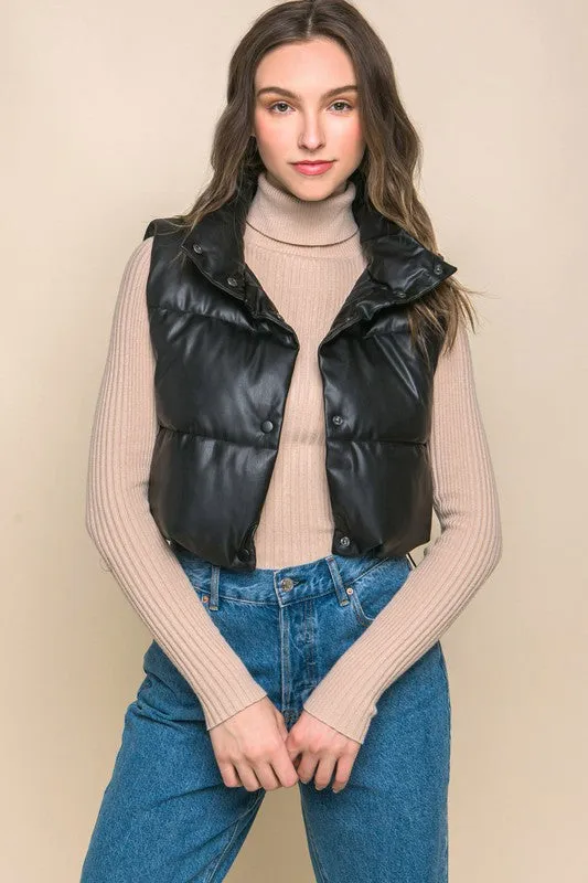 Faux Leather Cropped Puffer Vest with Snap Button