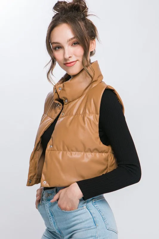 Faux Leather Cropped Puffer Vest with Snap Button