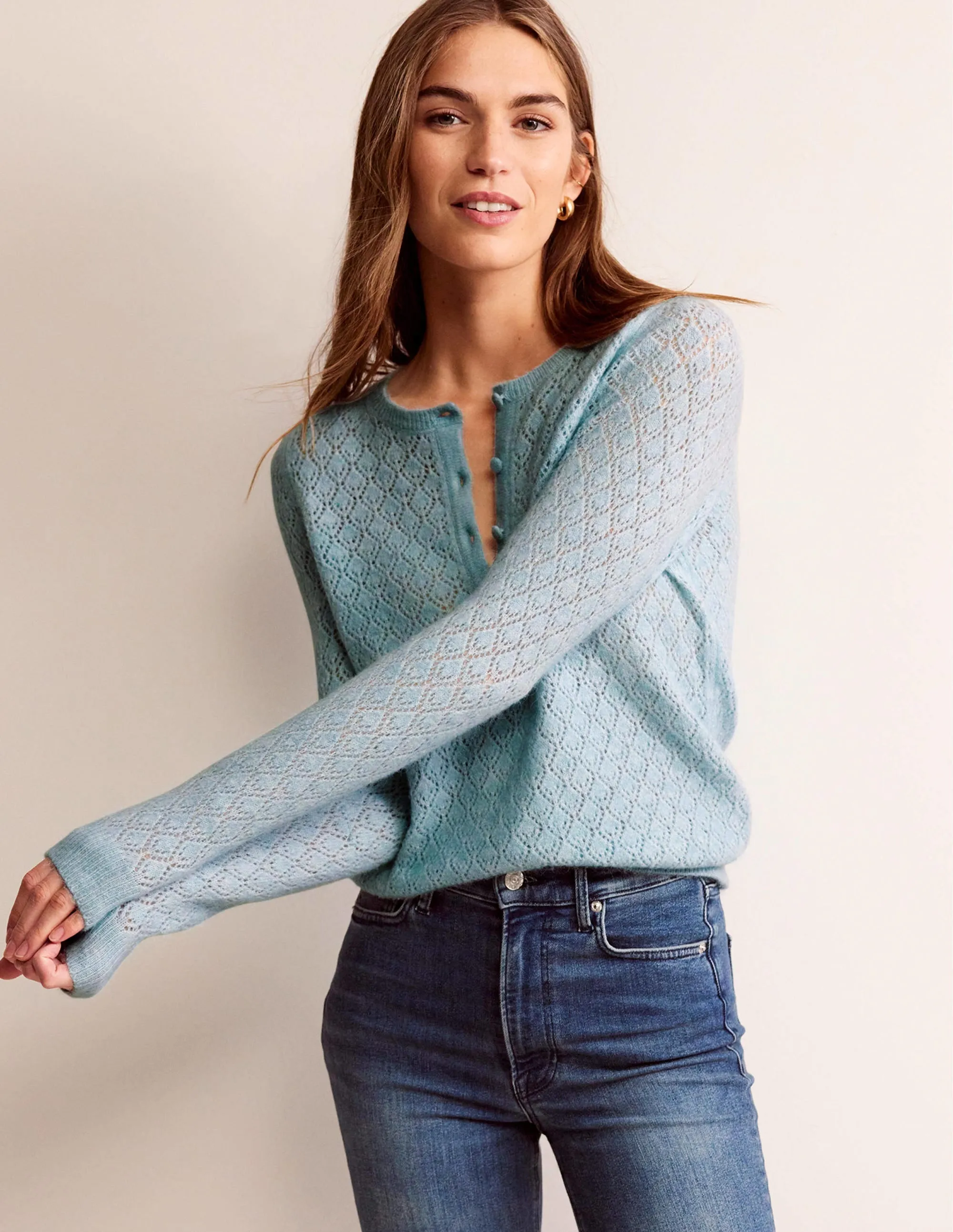 Fluffy Henley Pointelle Jumper-Gulf Stream
