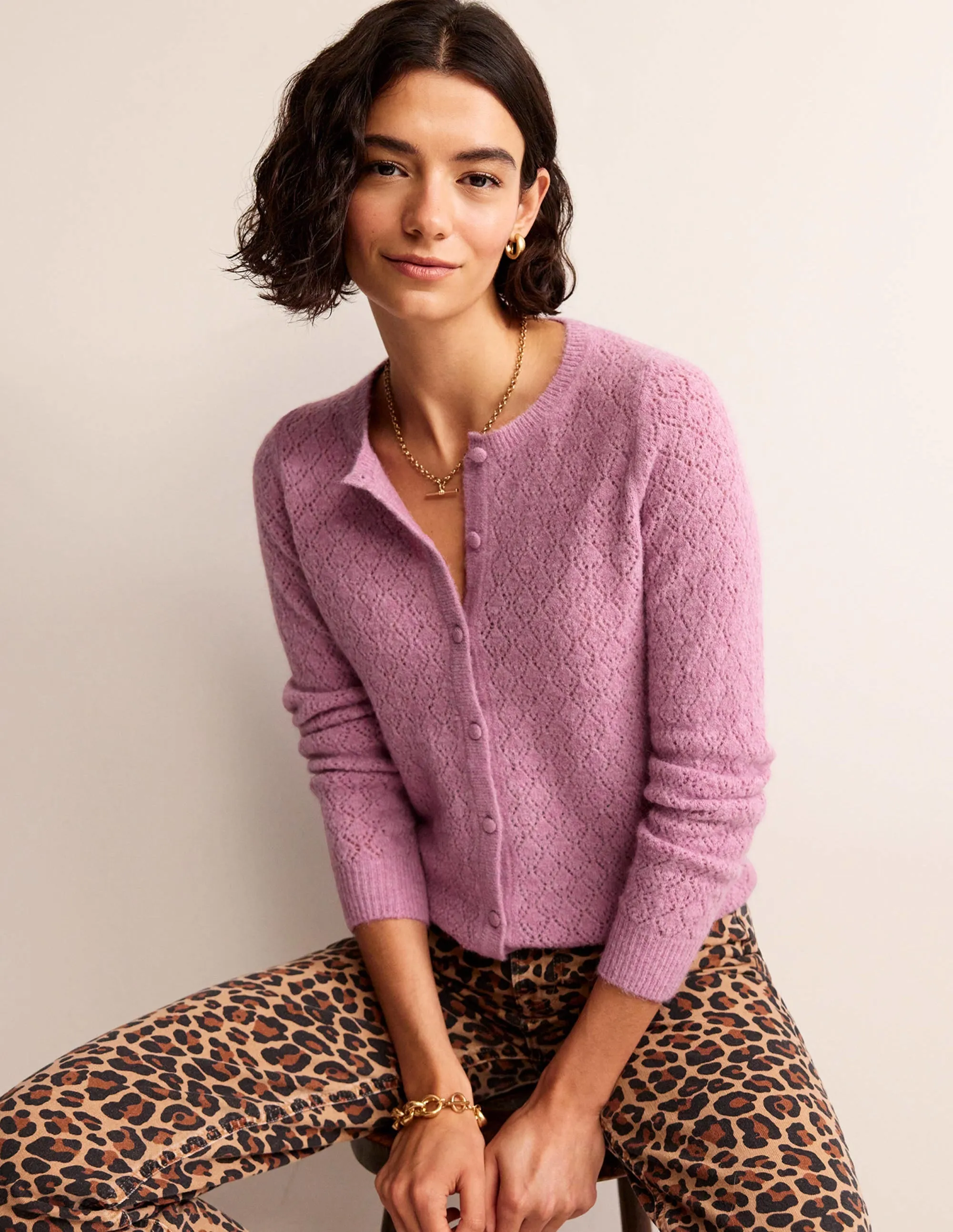 Fluffy Pointelle Cardigan-Strawberry Sherbet