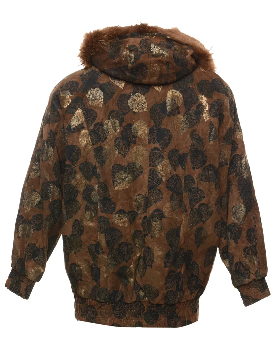 Gregg Bell Brown & Gold Leafy Design Metallic Real Fox Fur Trim Jacket - S