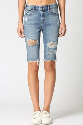 High Rise Distress Cycle Short- Medium Light Denim