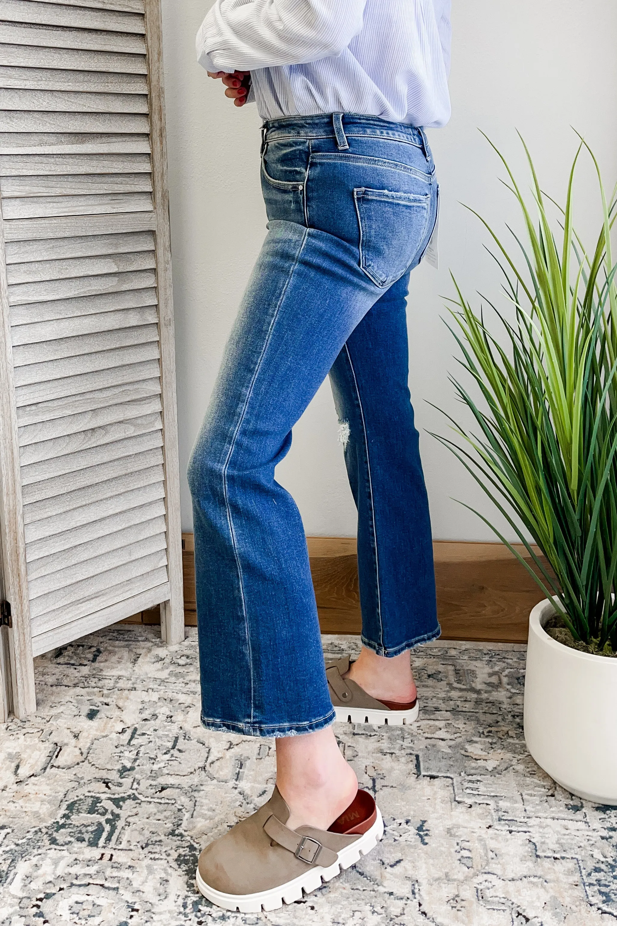 High Rise Distressed Ankle Flare