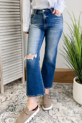 High Rise Distressed Ankle Flare