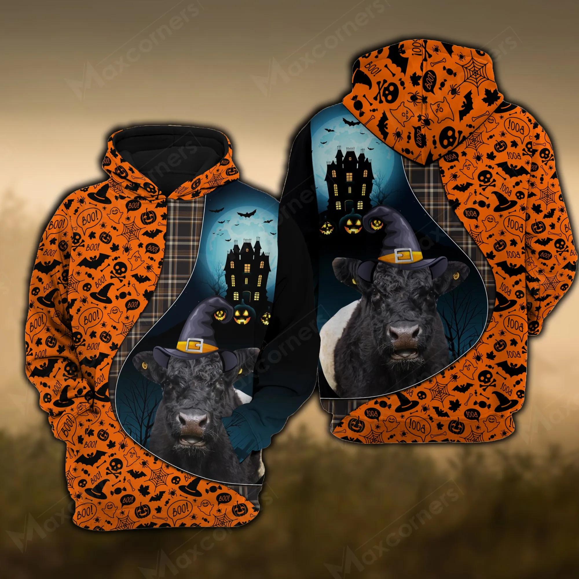 Joy Corners Belted Galloway Castle Halloween Pattern 3D Hoodie