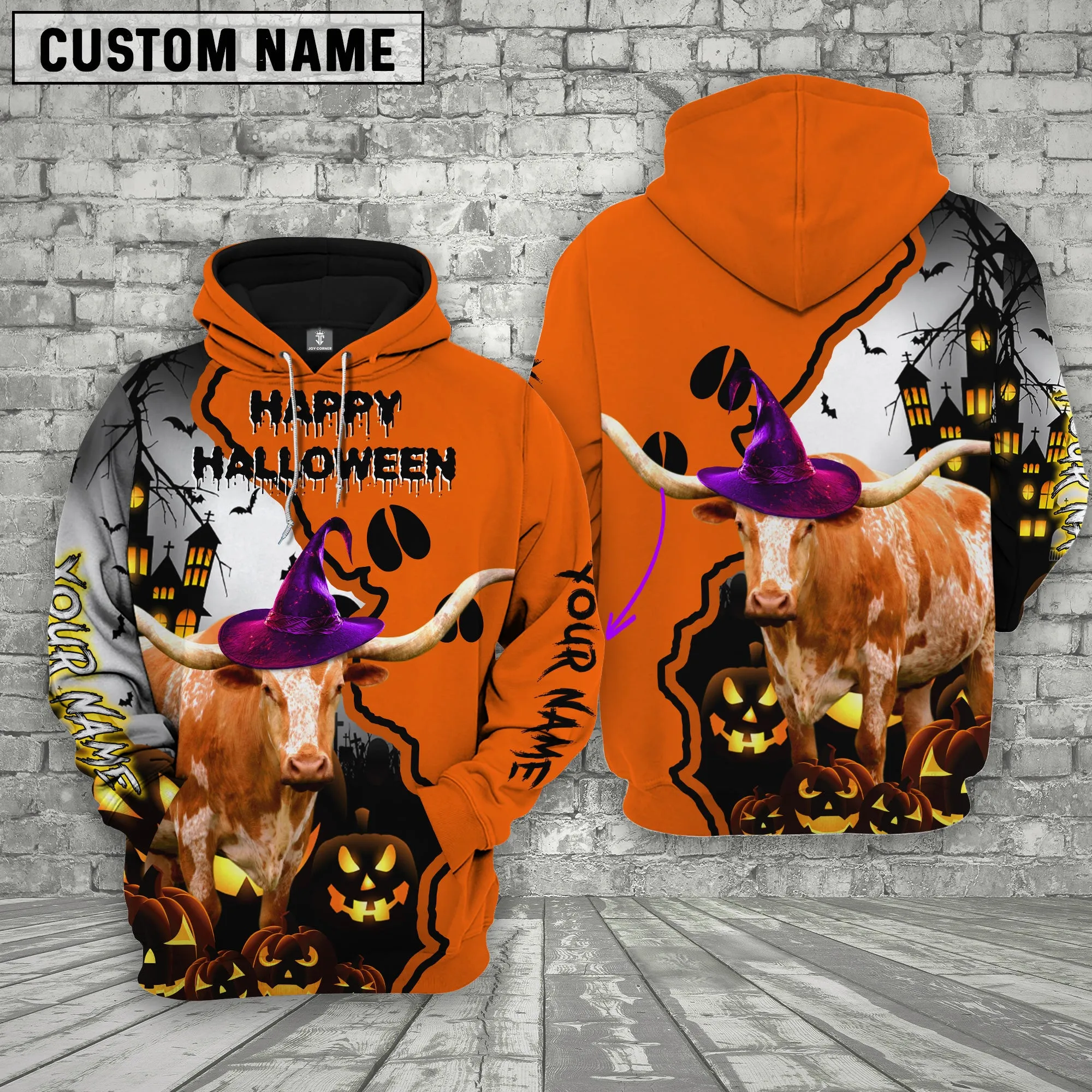 Joy Corners Texas Longhorn Castle Footprint Halloween Pattern 3D Hoodie