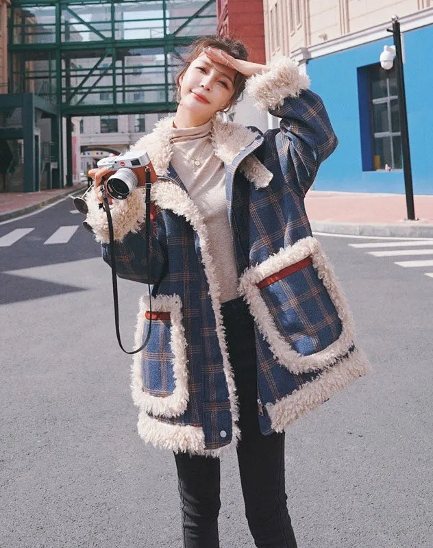 Lamb Wool Loose Plaid Cotton Padded Women's Coat