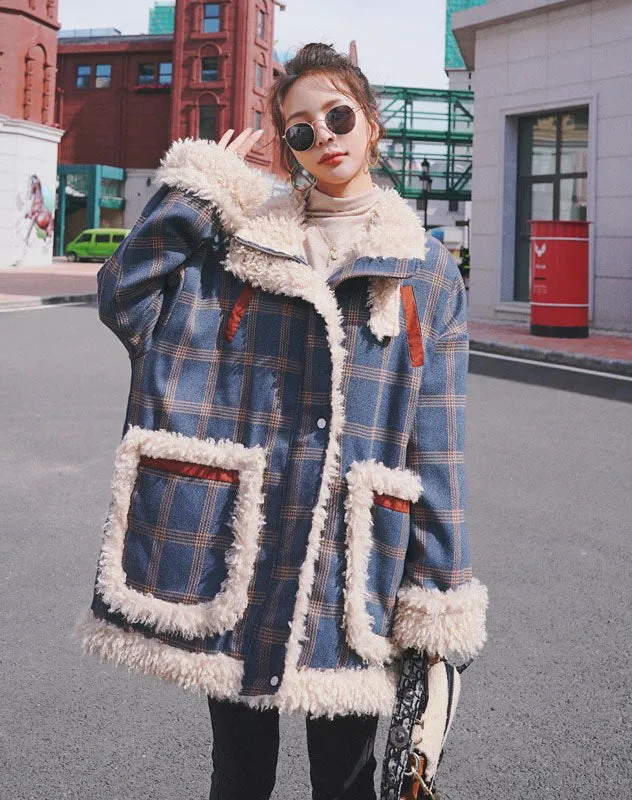 Lamb Wool Loose Plaid Cotton Padded Women's Coat