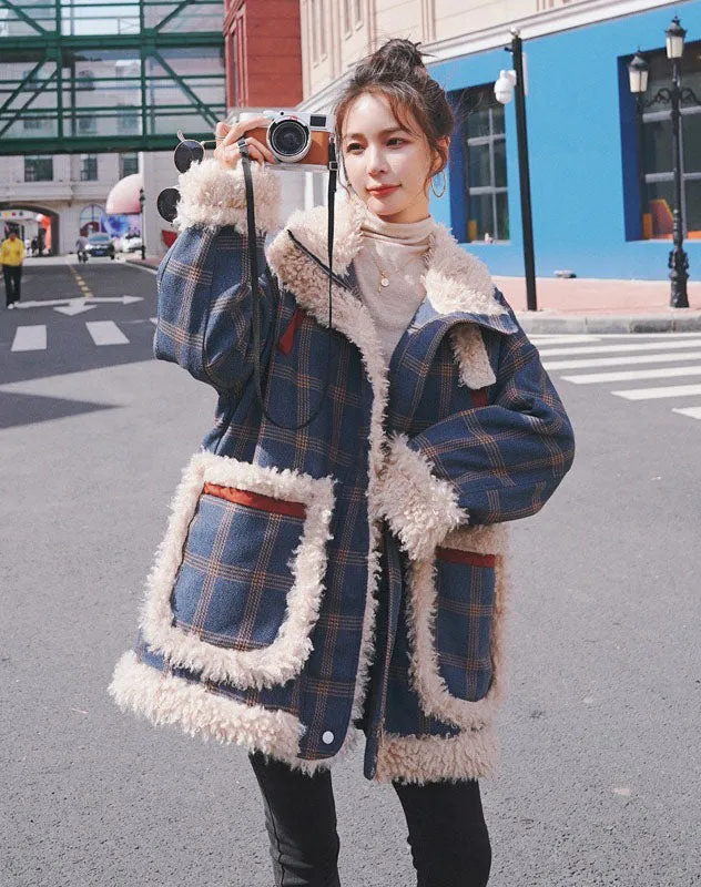 Lamb Wool Loose Plaid Cotton Padded Women's Coat