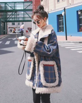 Lamb Wool Loose Plaid Cotton Padded Women's Coat