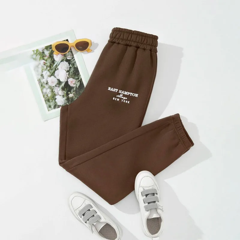 Letter Embroidery Elastic Waist Thermal Lined Sweatpants