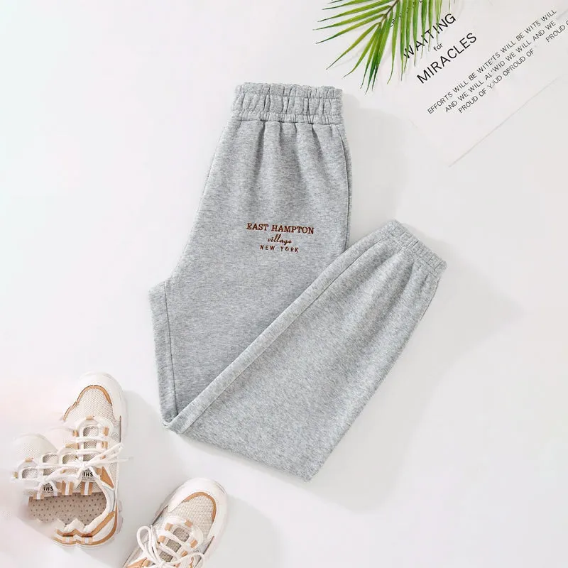 Letter Embroidery Elastic Waist Thermal Lined Sweatpants