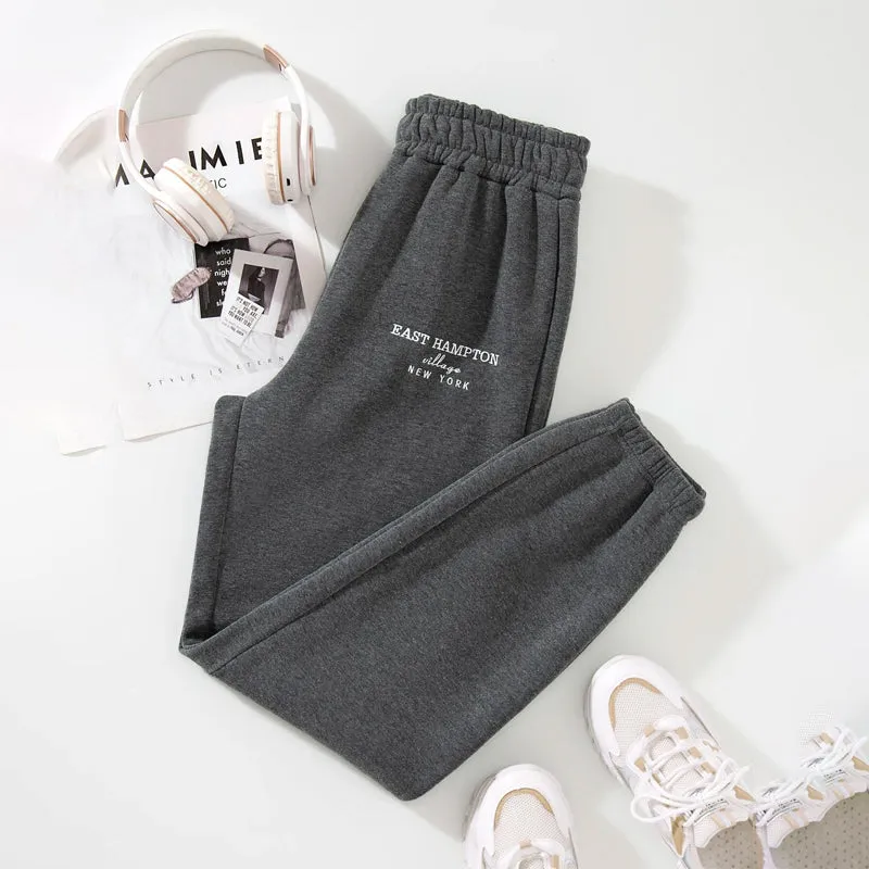Letter Embroidery Elastic Waist Thermal Lined Sweatpants