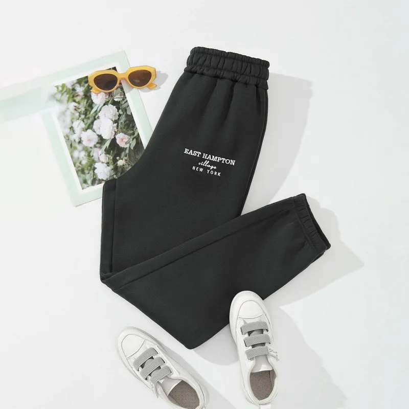 Letter Embroidery Elastic Waist Thermal Lined Sweatpants