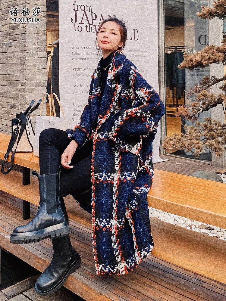 Loose plaid Tweed Woolen Mid-Length Women's Coat
