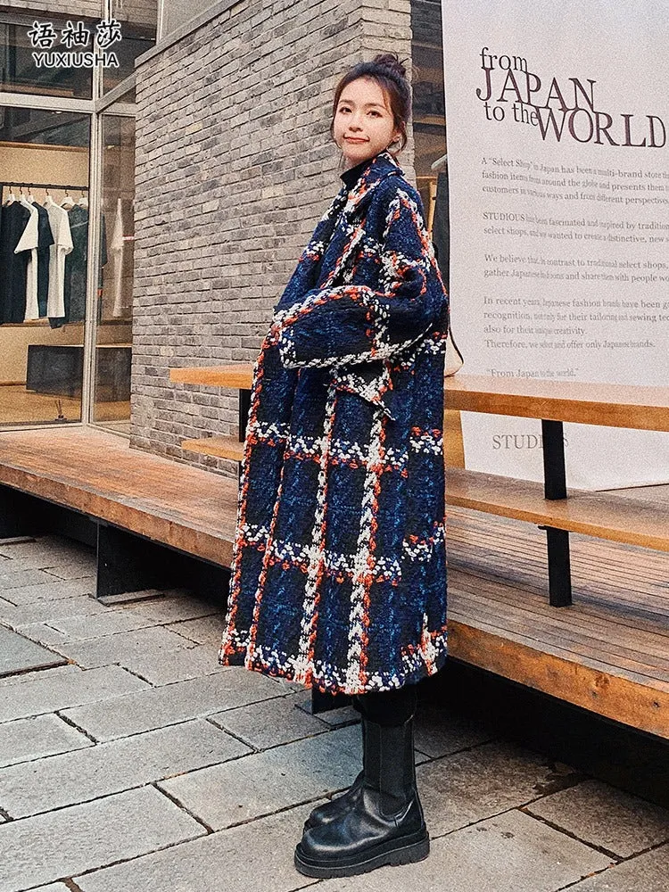 Loose plaid Tweed Woolen Mid-Length Women's Coat