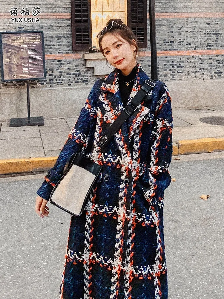 Loose plaid Tweed Woolen Mid-Length Women's Coat