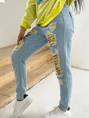 LW-Ripped Distressed Raw Edge Jeans Slim Waist Distressed Jeans Frayed Denim Pants Fashion   S3742851