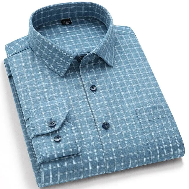 Men's Fashion Brushed Plaid Striped Shirts Single Patch Pocket Long Sleeve Standard-fit
