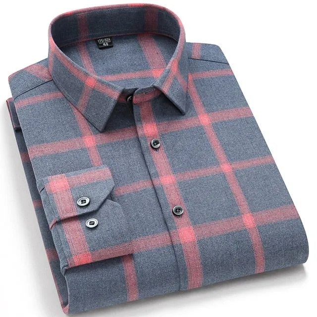 Men's Fashion Brushed Plaid Striped Shirts Single Patch Pocket Long Sleeve Standard-fit