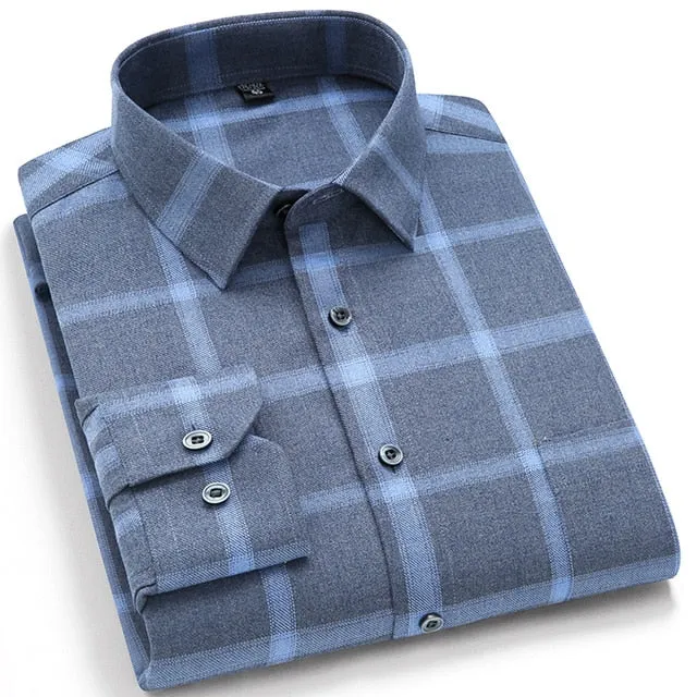 Men's Fashion Brushed Plaid Striped Shirts Single Patch Pocket Long Sleeve Standard-fit