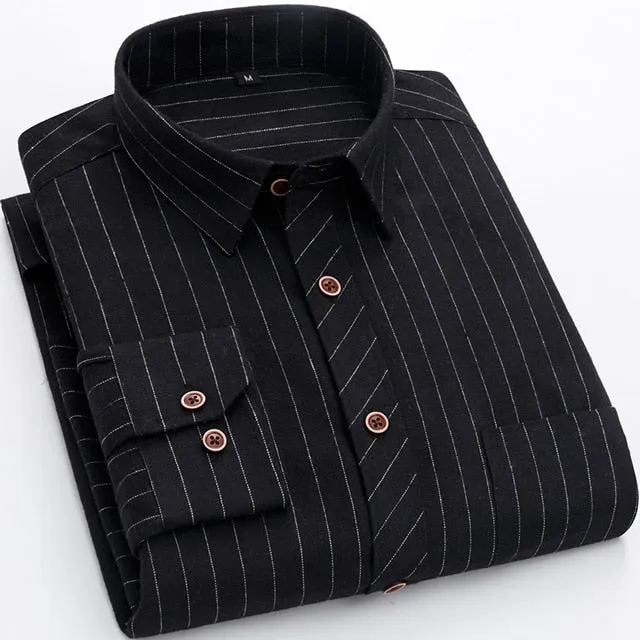 Men's Plaid Checkered Long Sleeve Casual Brushed Shirts Single Patch Pocket Fashion Chemise Homme Standard-fit Striped Shirt
