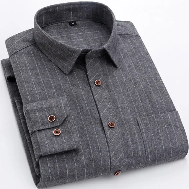 Men's Plaid Checkered Long Sleeve Casual Brushed Shirts Single Patch Pocket Fashion Chemise Homme Standard-fit Striped Shirt