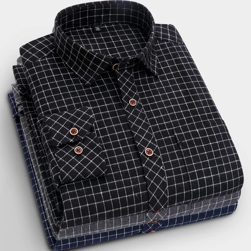 Men's Plaid Checkered Long Sleeve Casual Brushed Shirts Single Patch Pocket Fashion Chemise Homme Standard-fit Striped Shirt