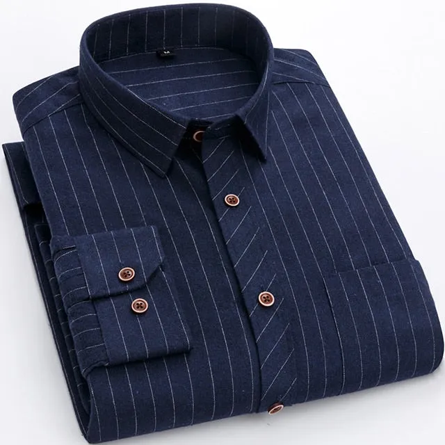 Men's Plaid Checkered Long Sleeve Casual Brushed Shirts Single Patch Pocket Fashion Chemise Homme Standard-fit Striped Shirt