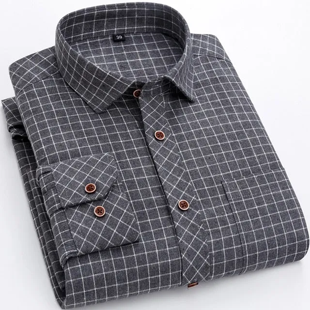 Men's Plaid Checkered Long Sleeve Casual Brushed Shirts Single Patch Pocket Fashion Chemise Homme Standard-fit Striped Shirt