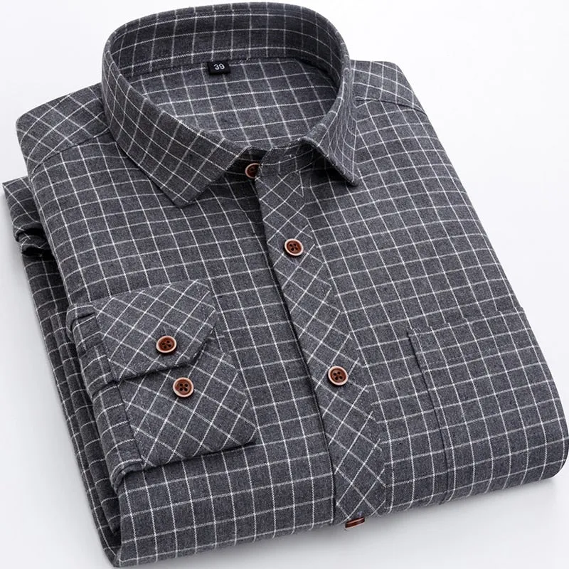 Men's Plaid Checkered Long Sleeve Casual Brushed Shirts Single Patch Pocket Fashion Chemise Homme Standard-fit Striped Shirt