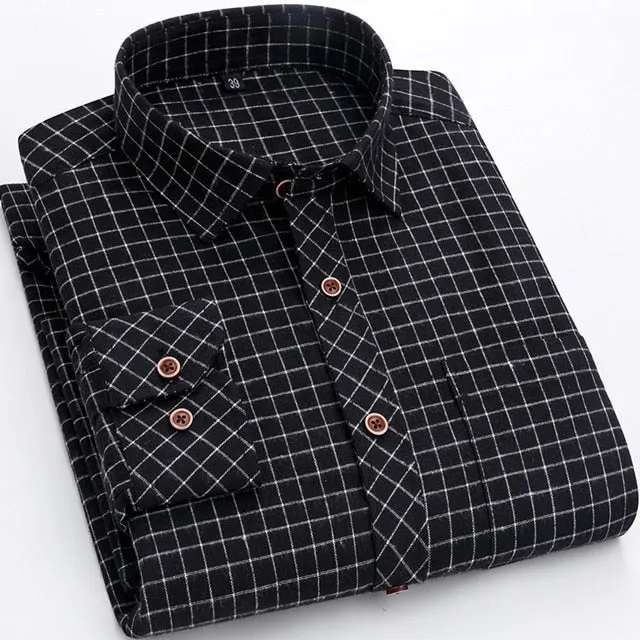Men's Plaid Checkered Long Sleeve Casual Brushed Shirts Single Patch Pocket Fashion Chemise Homme Standard-fit Striped Shirt