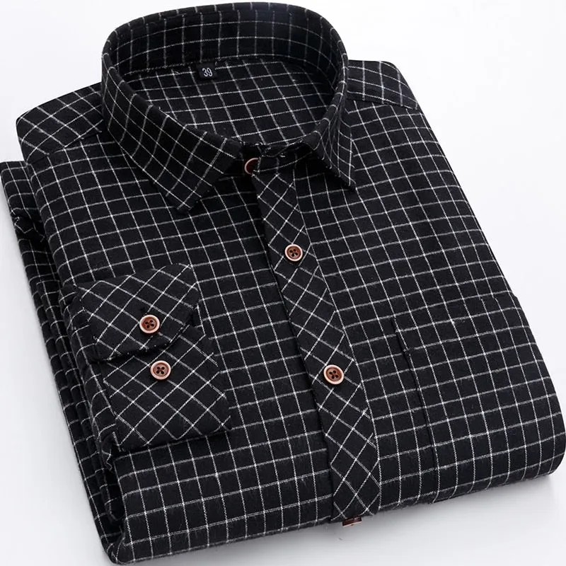 Men's Plaid Checkered Long Sleeve Casual Brushed Shirts Single Patch Pocket Fashion Chemise Homme Standard-fit Striped Shirt
