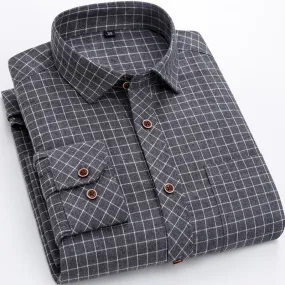 Men's Plaid Checkered Long Sleeve Casual Brushed Shirts Single Patch Pocket Fashion Chemise Homme Standard-fit Striped Shirt