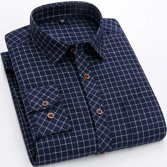 Men's Plaid Checkered Long Sleeve Casual Brushed Shirts Single Patch Pocket Fashion Chemise Homme Standard-fit Striped Shirt