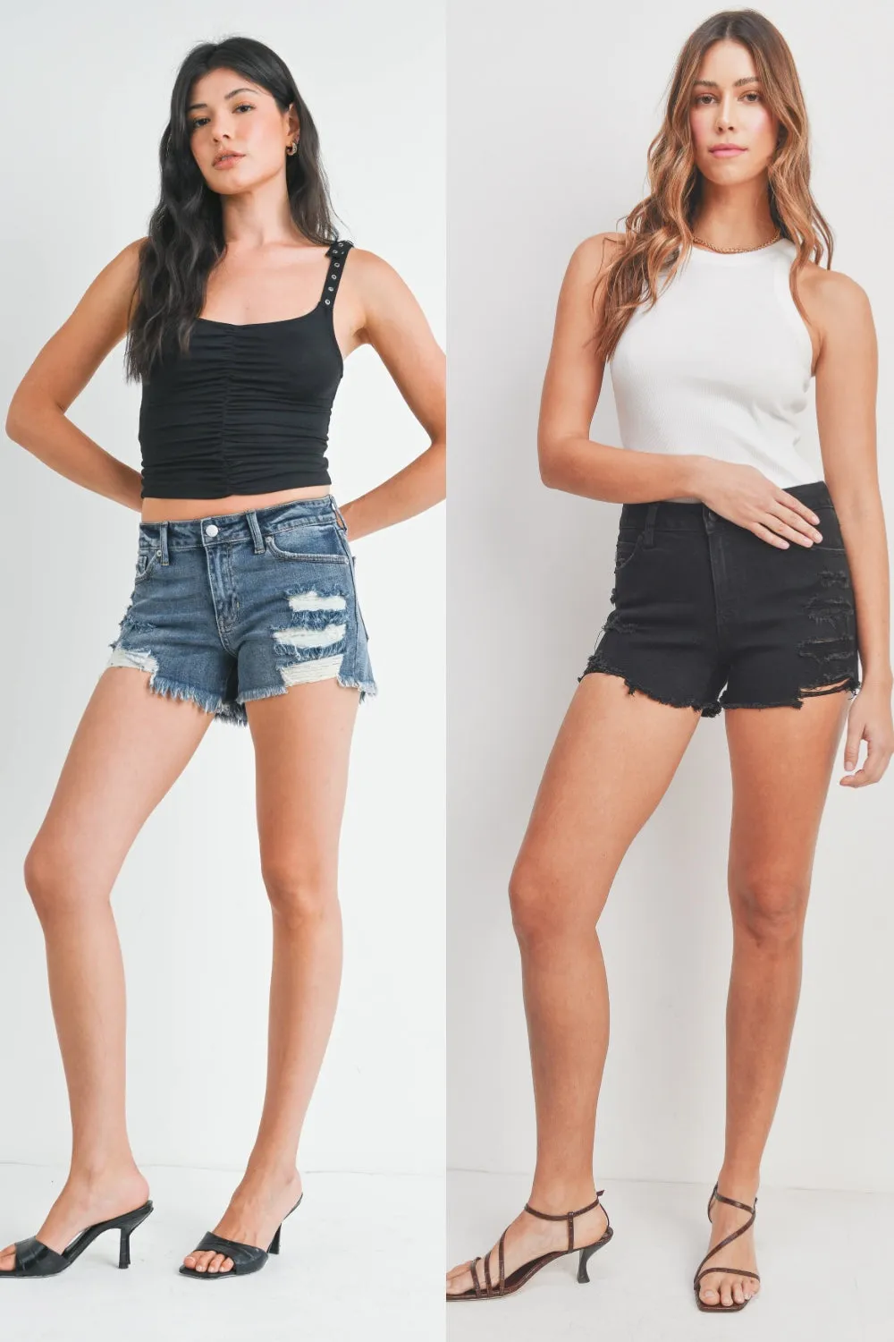 Mid Rise Super Destroyed Denim Shorts In 2 Colors