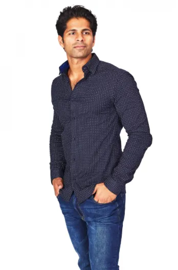 Navy Polka Dot Athletic Fit Casual Shirt