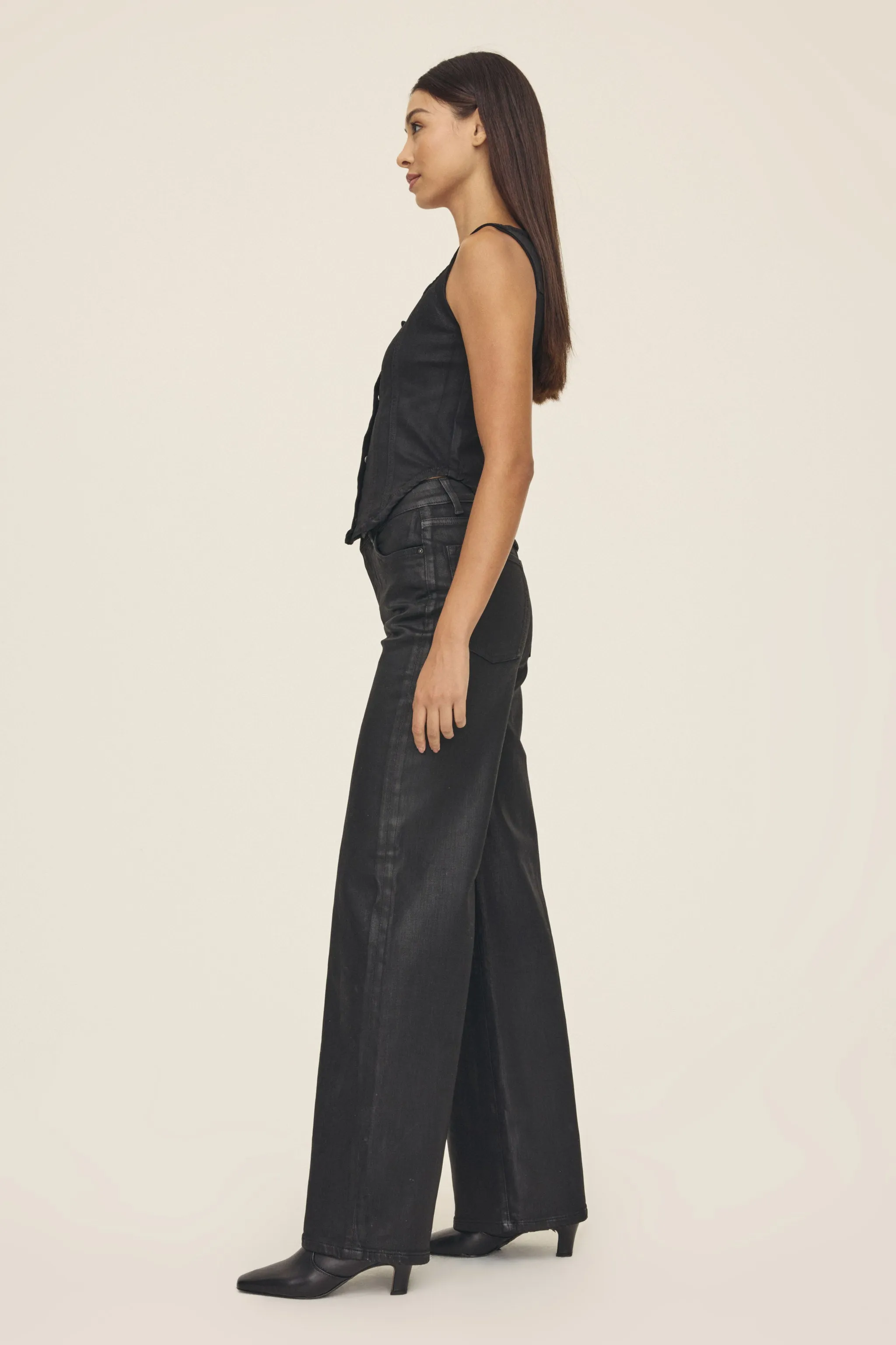 NCE STRETCH - WIDE LEG JEANS | NOIR WAX COATED