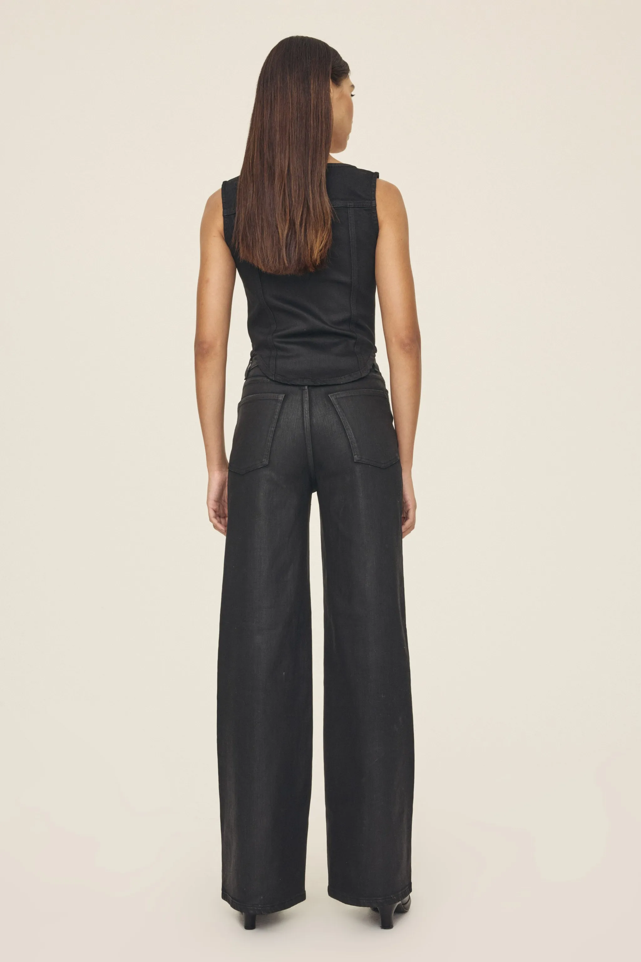 NCE STRETCH - WIDE LEG JEANS | NOIR WAX COATED