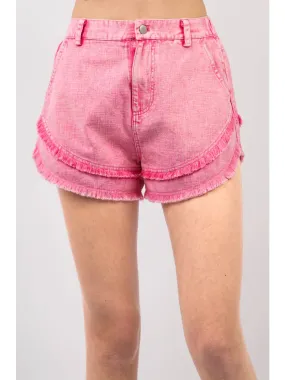 Pink Frayed Layered Washed Cotton Twill Denim Shorts