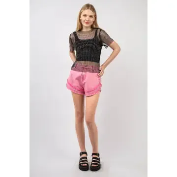 Pink Frayed Layered Washed Cotton Twill Denim Shorts
