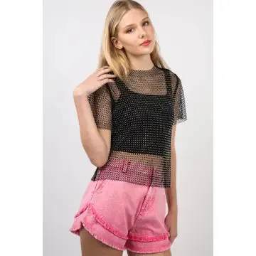 Pink Frayed Layered Washed Cotton Twill Denim Shorts