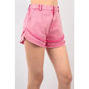 Pink Frayed Layered Washed Cotton Twill Denim Shorts