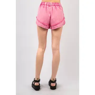 Pink Frayed Layered Washed Cotton Twill Denim Shorts