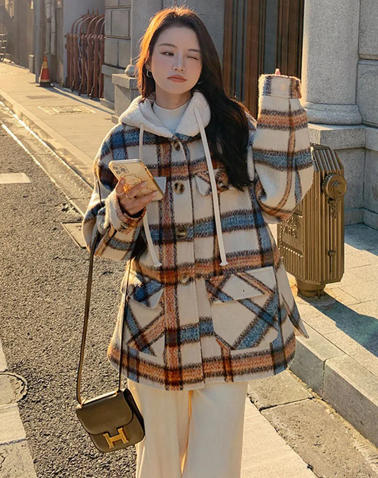 Plaid Hooded Woolen Winter Petite College Thickened Women's Coat