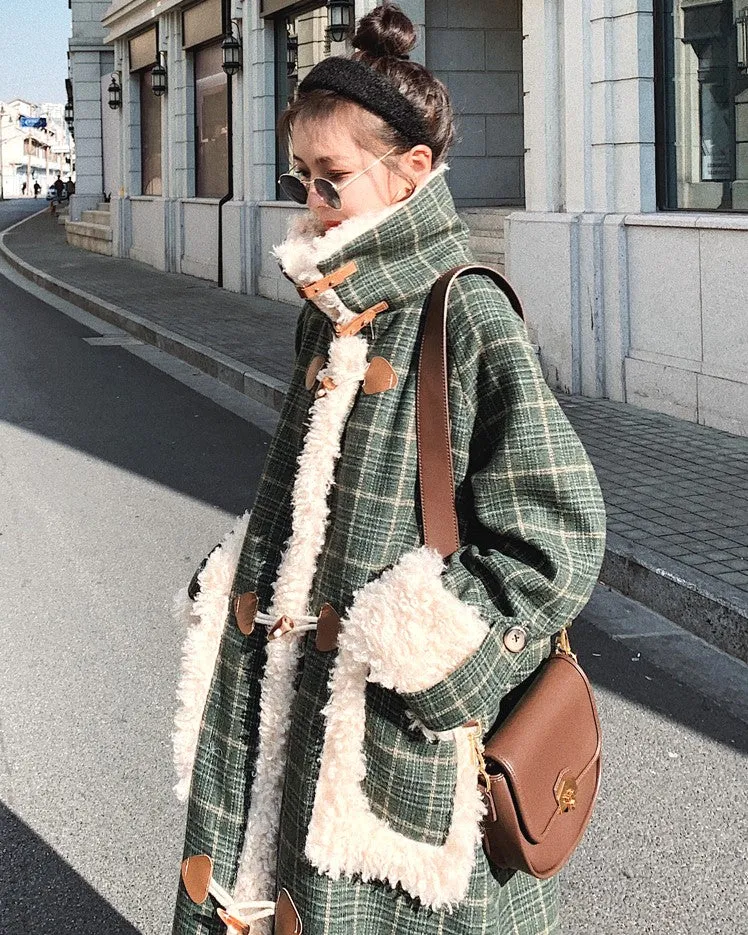 Plaid Loose Woolen Horn Button Winter Women's Coat