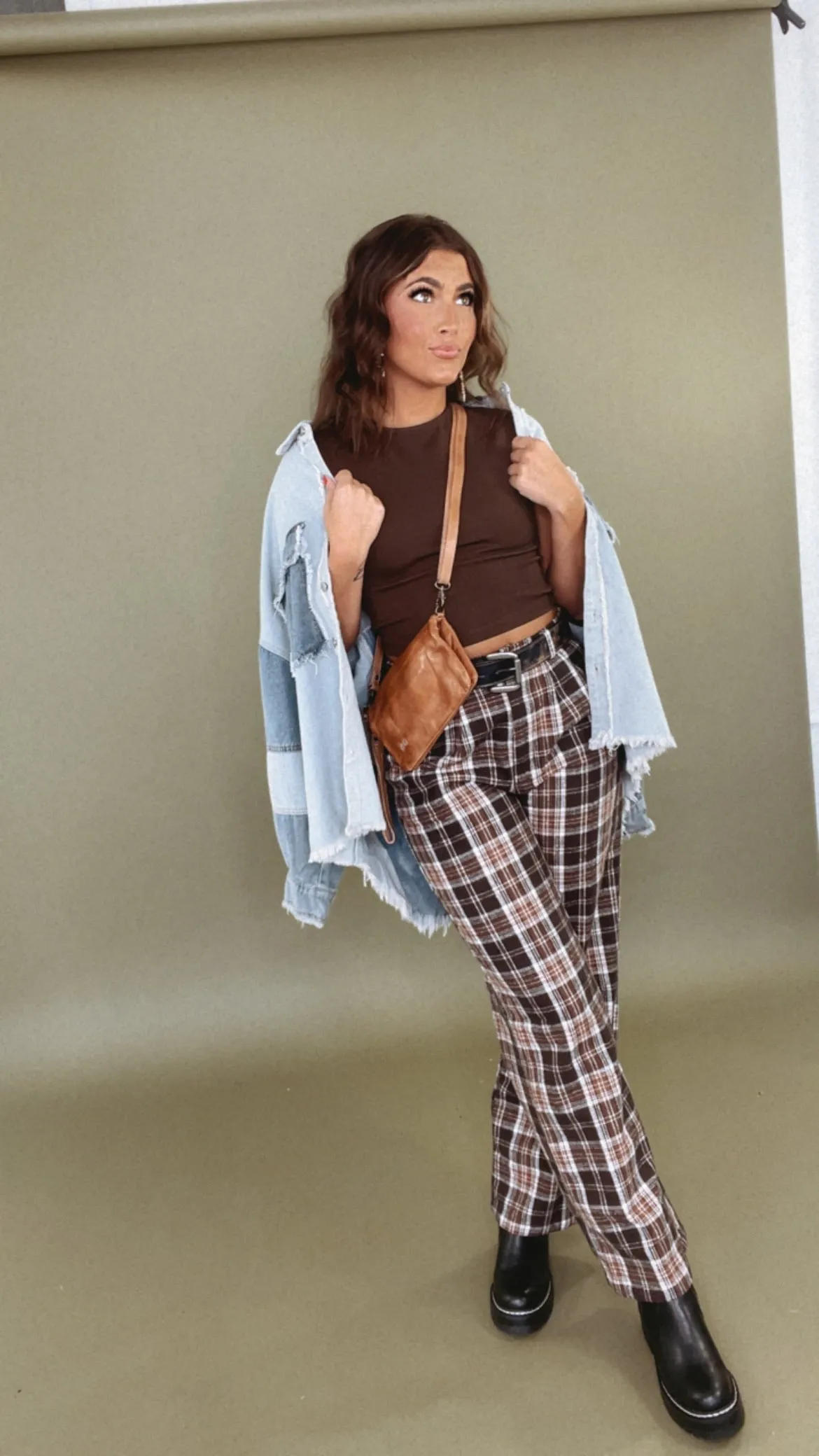 Plaid Straight Leg Pants, Brown