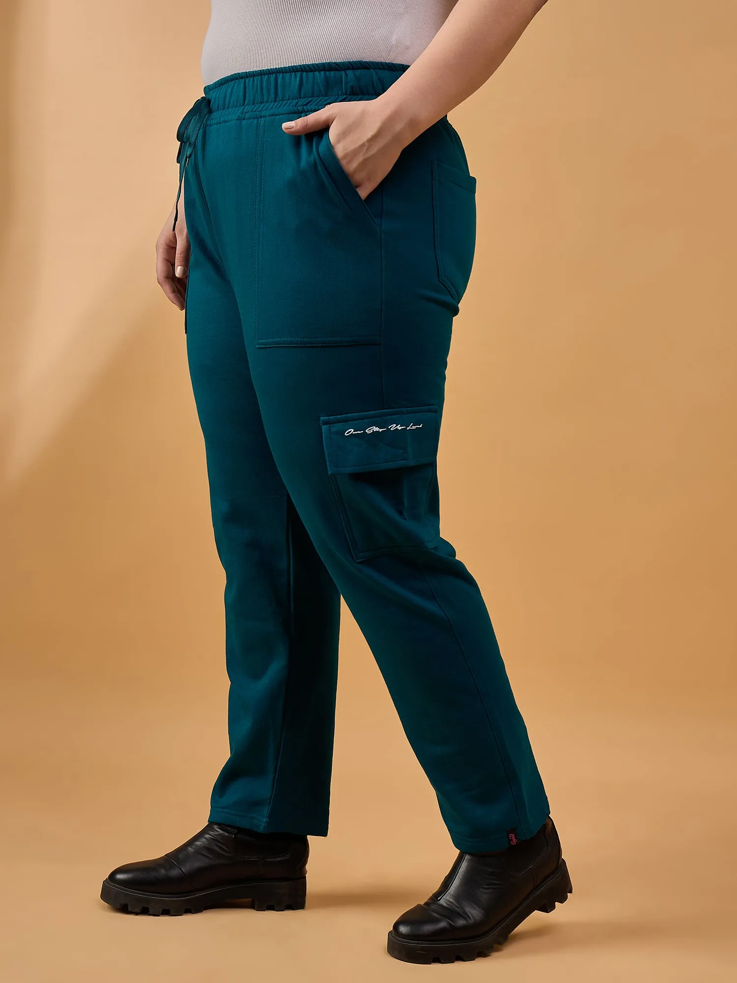 Plus Size Winters Cozy Fleece Cargo Pants For Women - Teal Blue